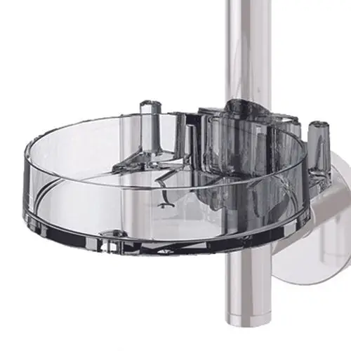 Transparente Seifenschale von Ideal Standard, montiert an einer vertikalen Stange, mit mehreren Halterungen und einem runden Design.